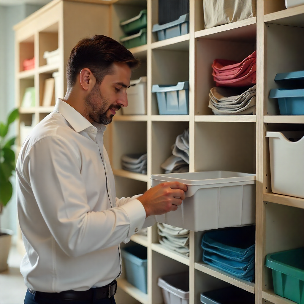 Professional organizer arranging items in a modern storage system